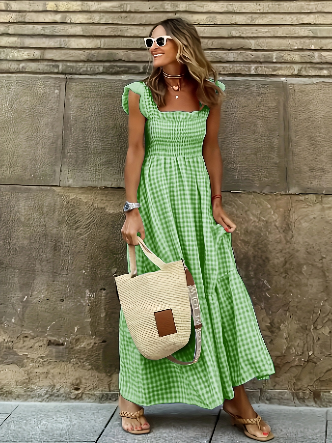 womens green gingham dress Women's Ramatuelle Vintage Square Neck Green Gingham Dress M