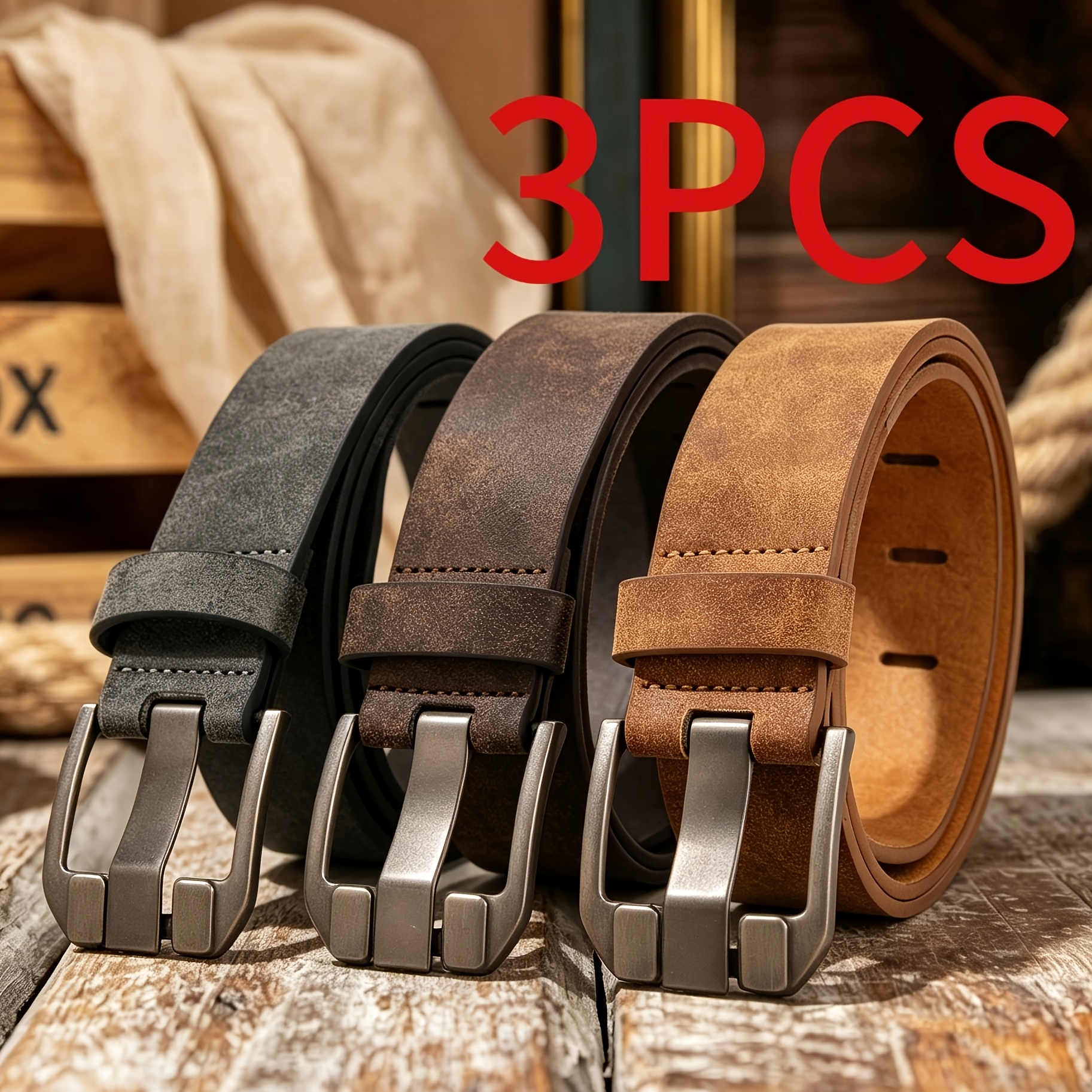 TEMU 3-pack Men's Belts - Multi-functional Casual Western Cowboy Style, Durable Alloy Wide Needle , , Suitable For Golf And Any Occasion, Casual