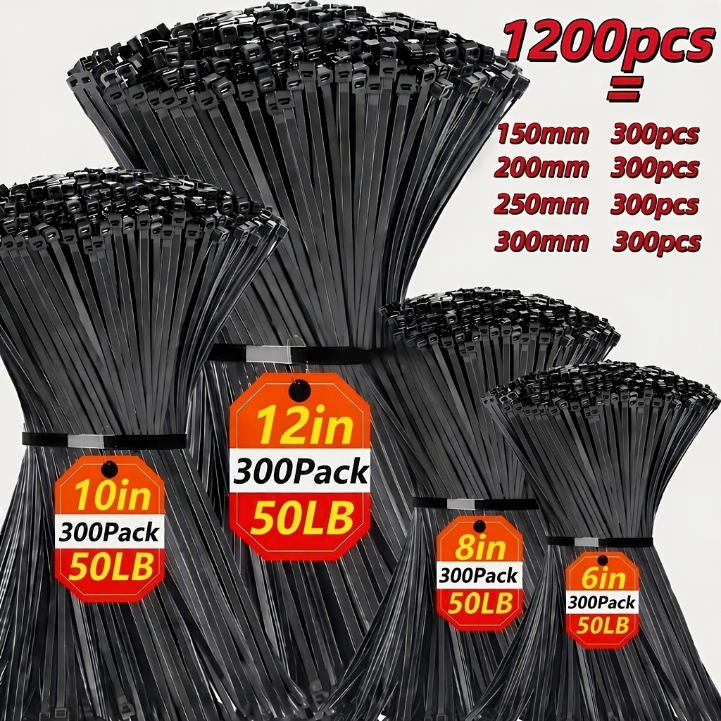 TEMU 1200pcs Heavy Duty Nylon Cable Ties, Self-locking Zip Ties, Cable Organizers For Wire Management, Home Office Garden Garage Workshop, Durable