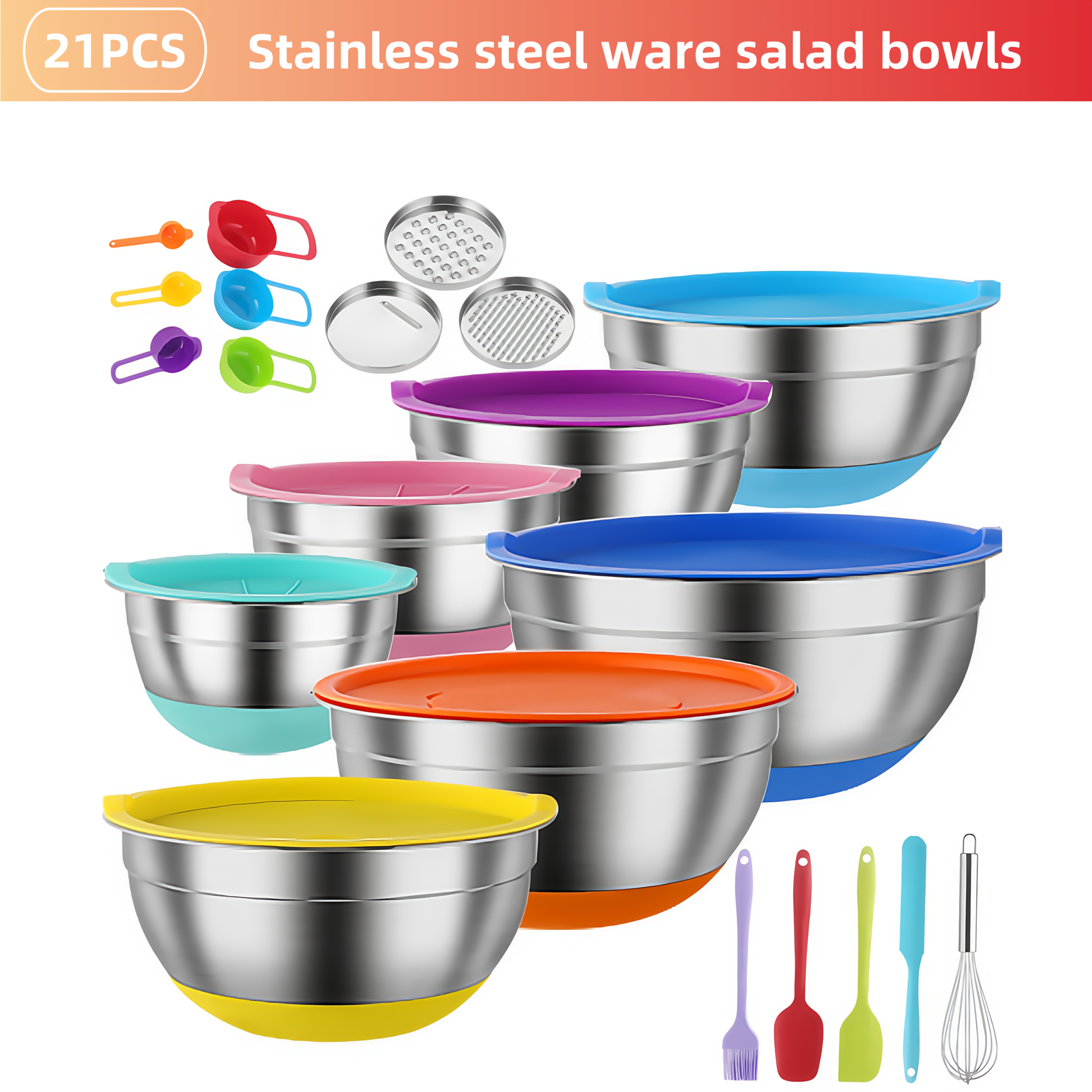 TEMU 21p Salad Bowl Set, Salad Knife Making Tool, Salad Bowl, Colored Cover Bowl, Mixing Bowl, Stainless Steel Salad Bowl, Washable Dishwasher,