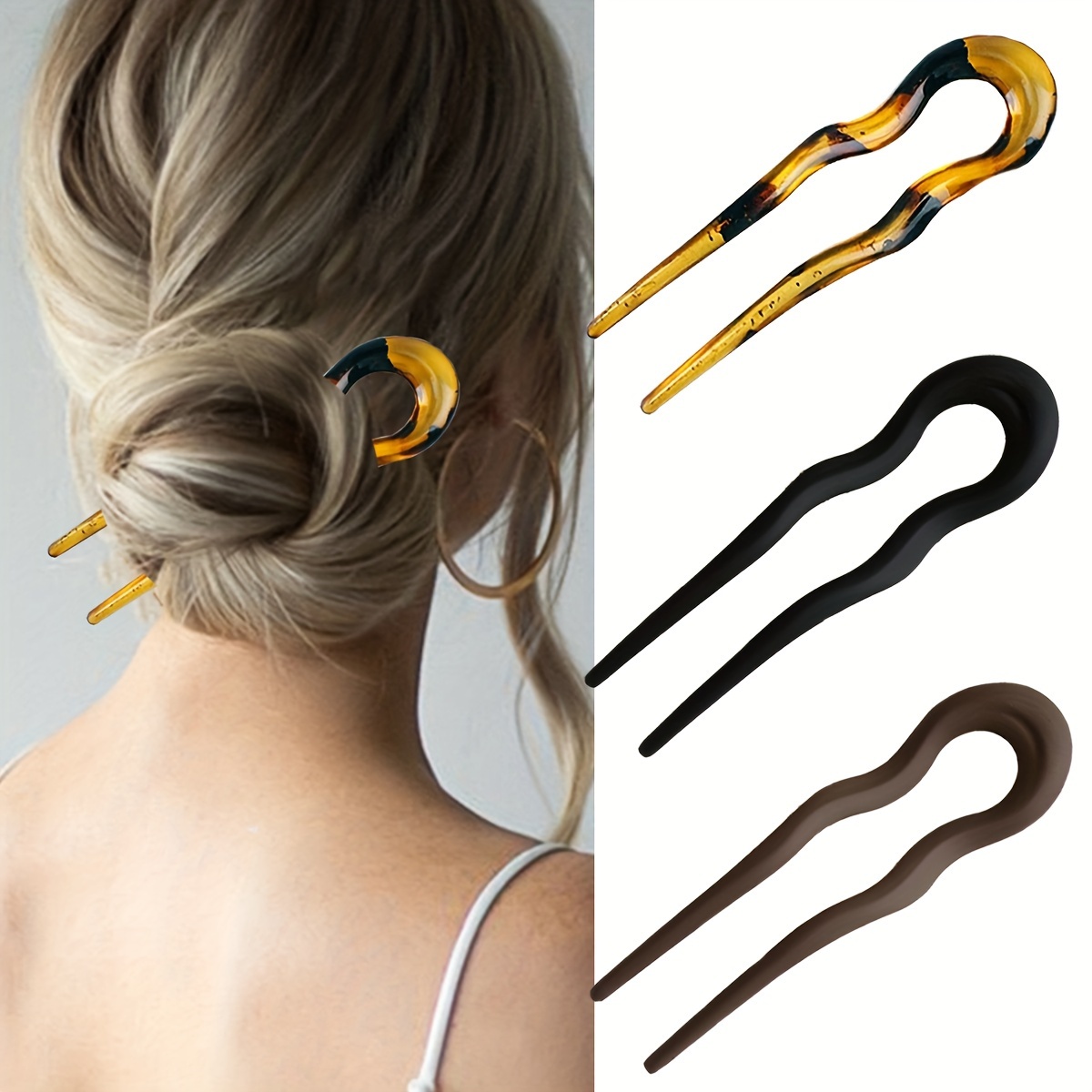 

2pcs Elegant U-shaped Wave Hairpins - Vintage Style Plastic Hair Sticks For Women, Updos & Hairstyling