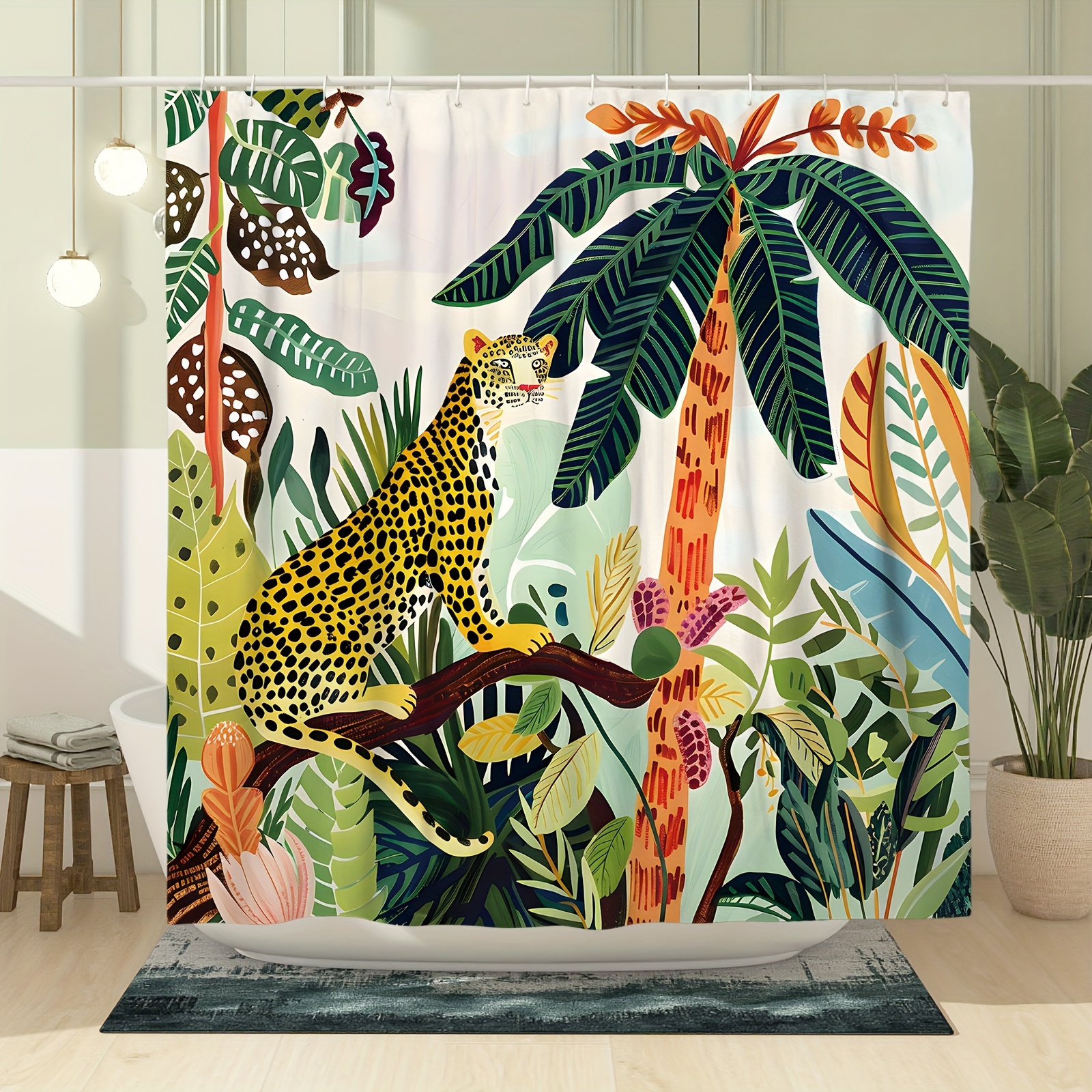 

1pc Jungle Leopard Pattern, Waterproof Bathroom Partition Curtain With Hooks, Bathroom Accessories, Bathroom Decor