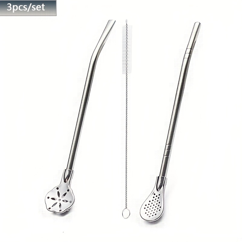 TEMU 3pcs Stainless Steel Straw Spoon Set - With Cleaning Brush, Removable Strainer For & - Multi-functional Removable Stainless Steel Straw Set For