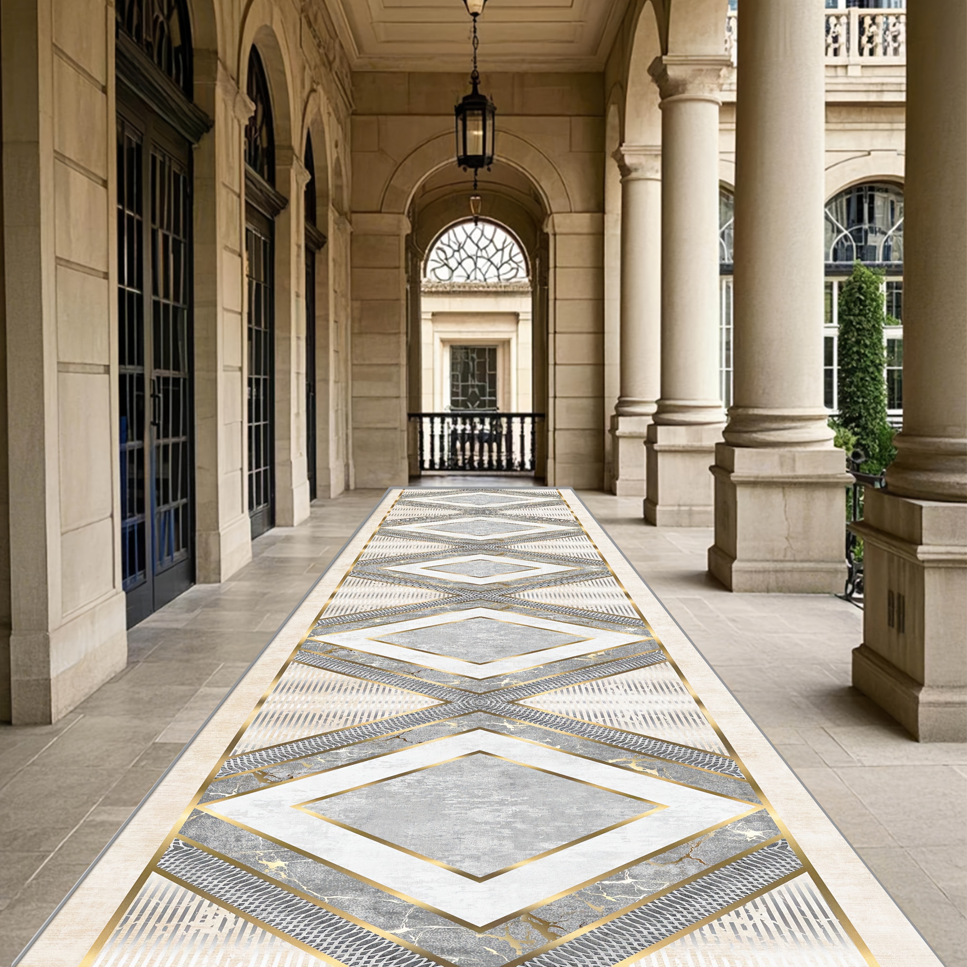 TEMU Sea Transport Golden Diamond 1pc, Luxury Golden Striped Living Room Decorative Long Mat, Modern Geometric Pattern Hallway Mat, Fashionable
