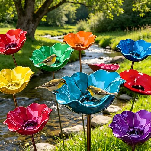vibrant handmade metal flower garden stake handcrafted garden art decor for patio lawn and landscape colorful outdoor yard sculpture with water feeder for birds flower beds and walkways