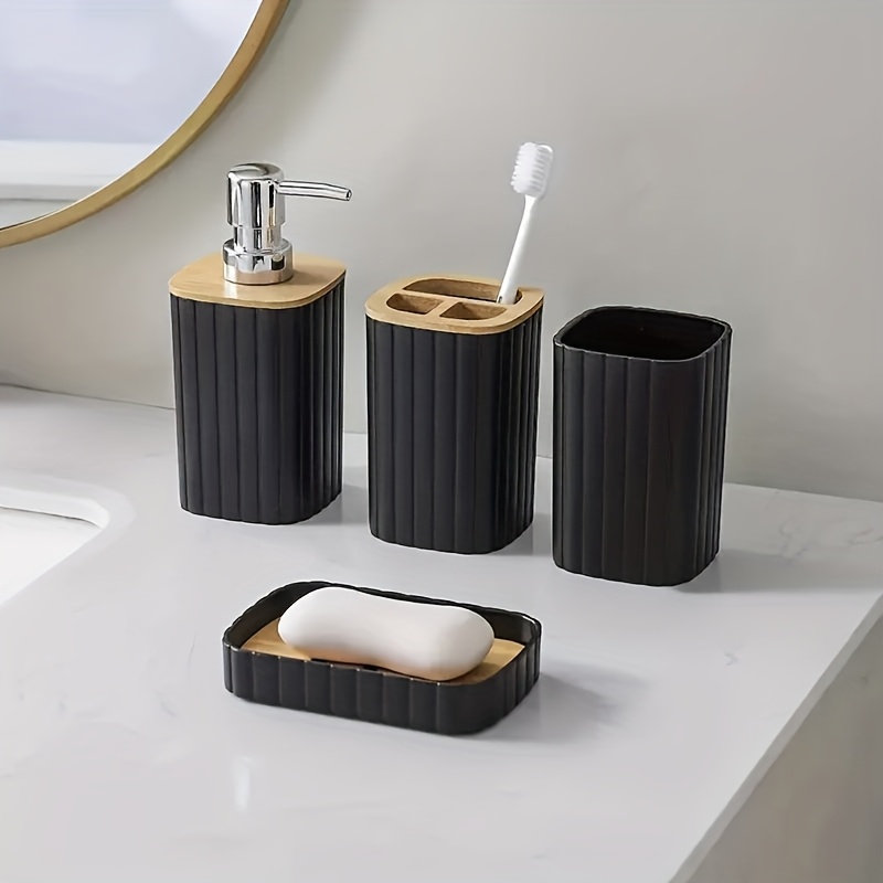 TEMU 4pcs Black Bathroom Accessories Set, Plastic Soap Dispenser And Toothbrush Holder Set, Soap Dish, Swab Jar, Black Bathroom Set, Boho Bathroom Decor