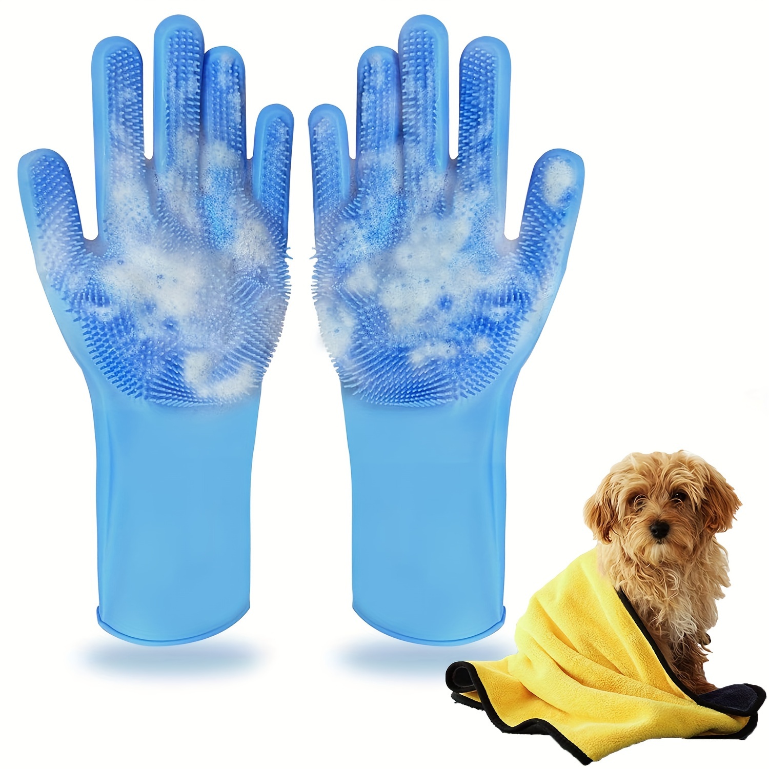 

Pet Grooming Gloves And Pet Bath Towel - Heat Resistant Silicone Gloves, Soft Pet Bath Grooming Towel For Bathing And Massaging Dogs And Cats