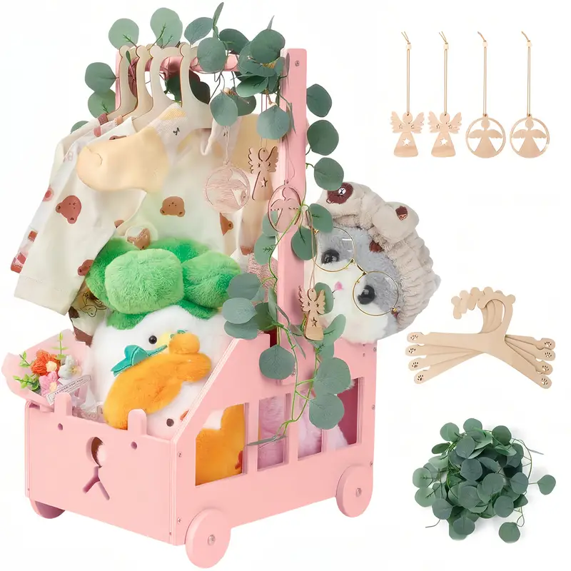 Holz Baby-Wäschekorb Set mit Griffen, Wickelkommode Kiste Schrank Korb auf Rädern – Ideal für Weihnachts- Halloween-Geschenke sowie Herbstdekoration (Korb + *-Anhängeranstecker + Kunststoffgirlande +