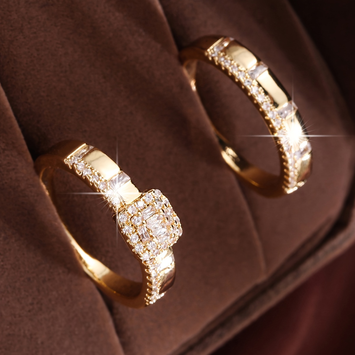 2pcs CZ Stackable Ring Set Sparkling Bands Diamond-Like Stones