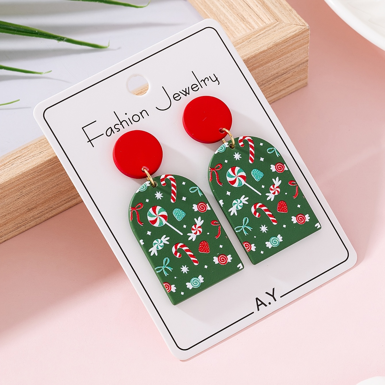 TEMU 1 Pair Of Women's Fashion Dangle Earrings With Christmas Scepter Candy U-shaped Print And Lacquer Coating, A Holiday Party Gift