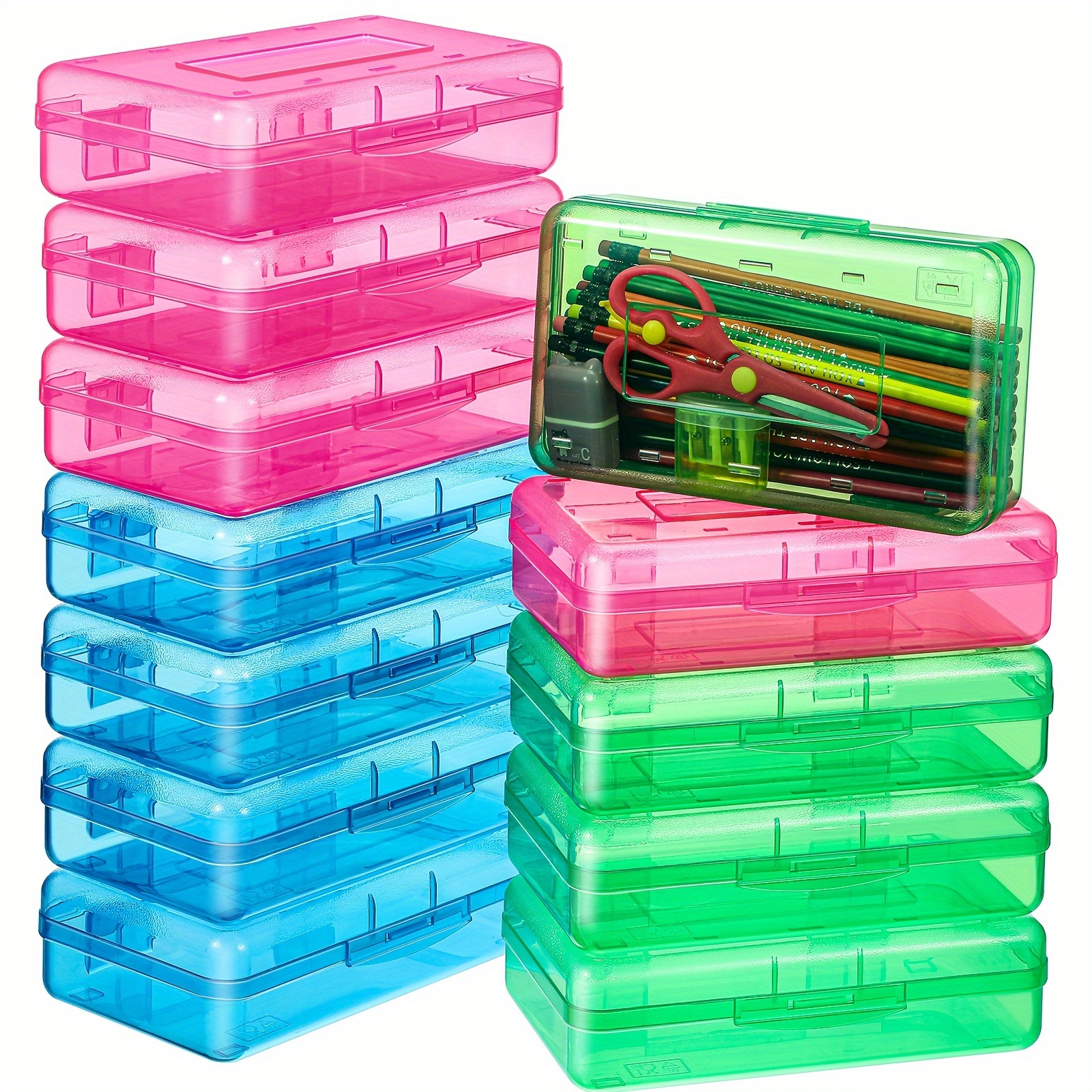 Large Clear Plastic Pencil Case With Snap Lid - Stackable School Supply Box In Pink