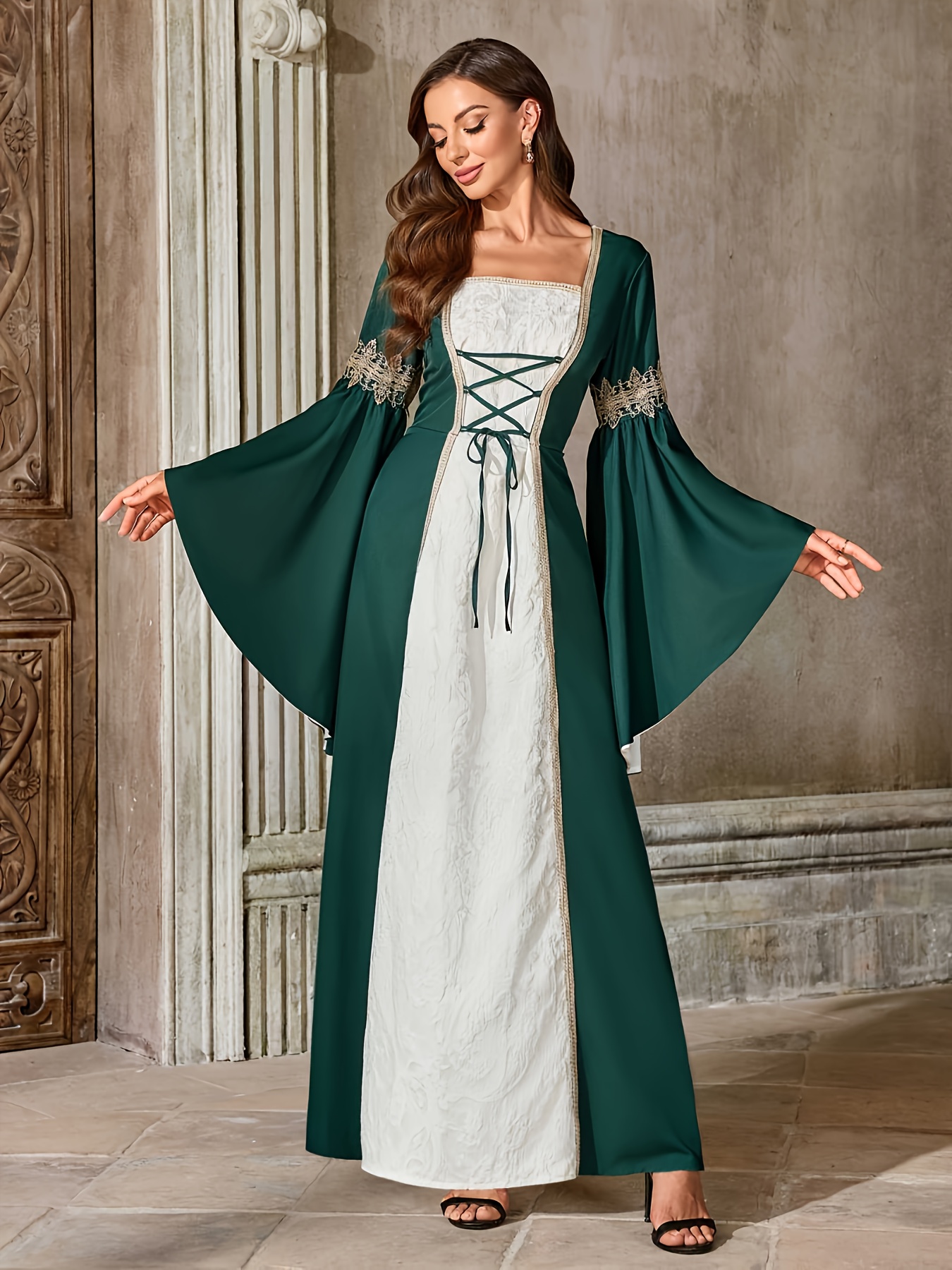 chinese dress ladies Medieval Ruffle Hem Dress Dark Green / Small main image 1