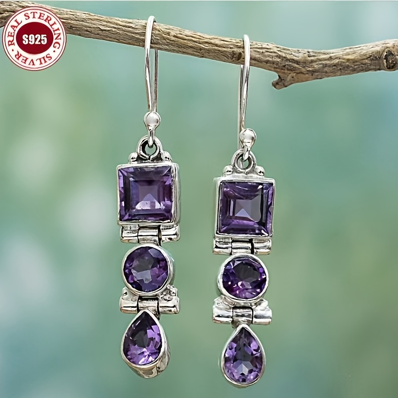 TEMU 925 Sterling Silver Retro Amethyst Three-stone Earrings Lightweight Long Elegant Square Oval Teardrop Pendant Earrings The Best Christmas And