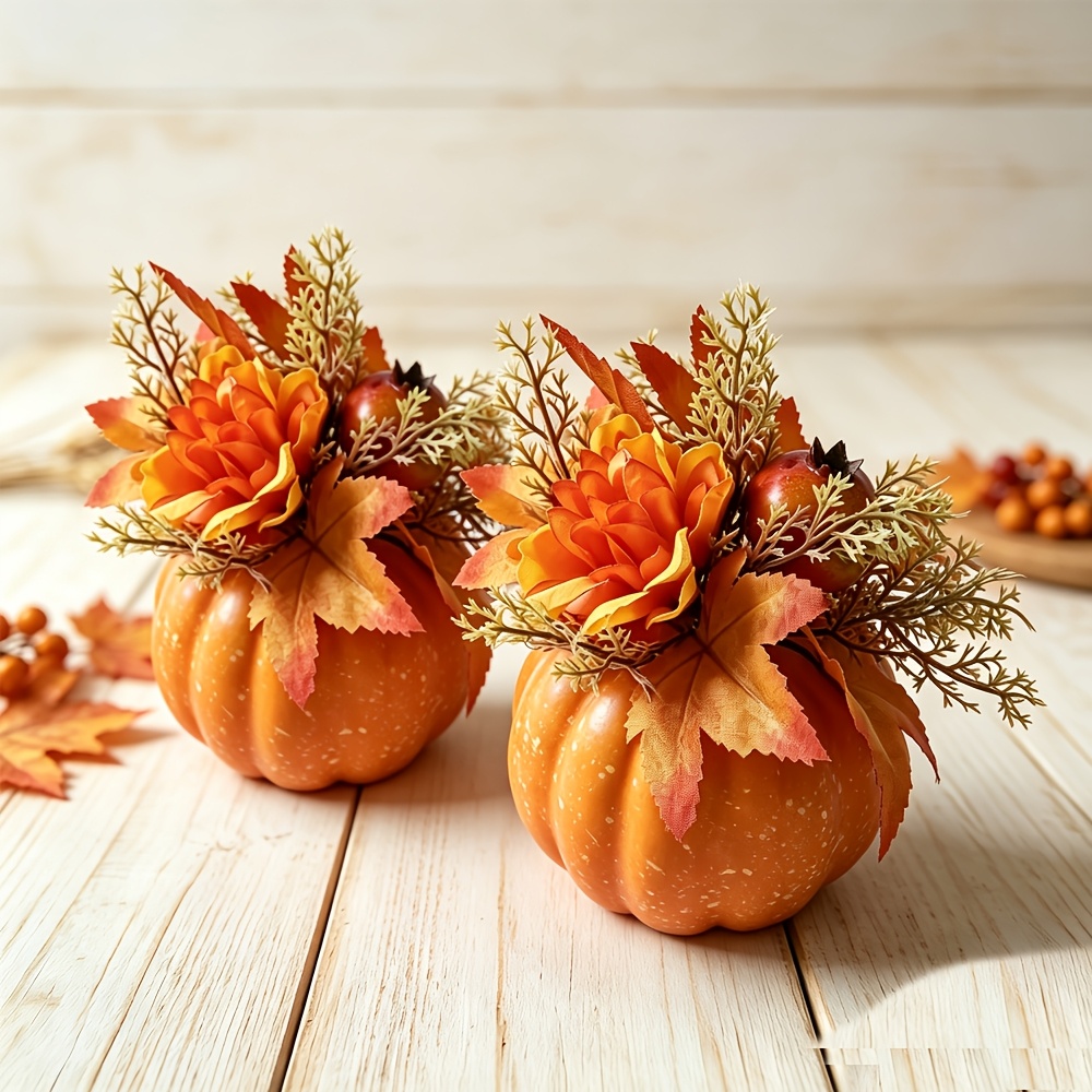 2pcs Artificial Pumpkins With Flowers Fake Foam Pumpkins Autumn Fake Pumpkins Model For Bedroom Shelf Porch Wedding Autumn-themed , Thanksgiving, And Halloween Party Home Decor Table Centerpiece