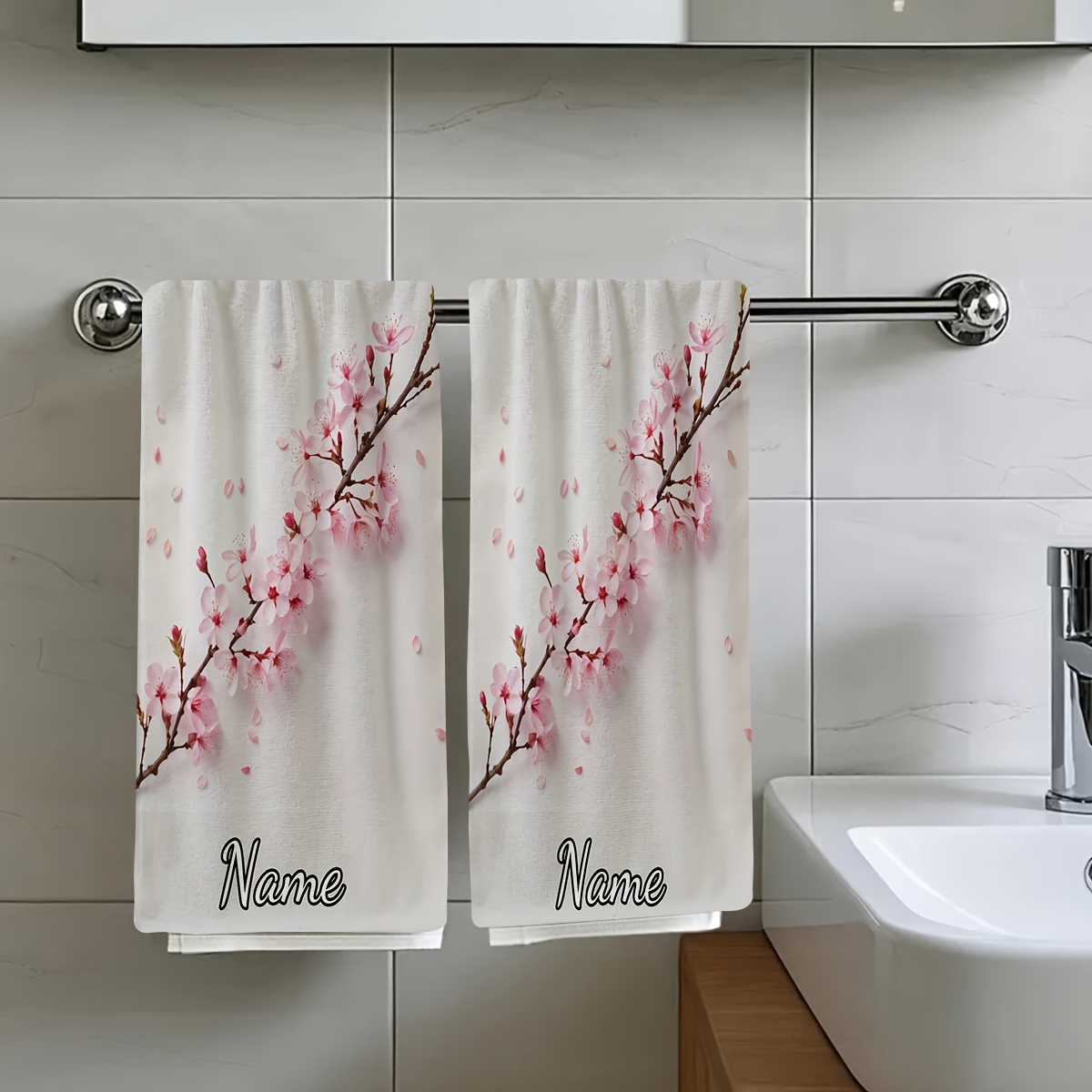 TEMU 2pcs, A Delicate Pink Cherry Branch Surrounded By Scattered Petals On A White Background Travel Essential Towel, Customizable Text Towel, Name
