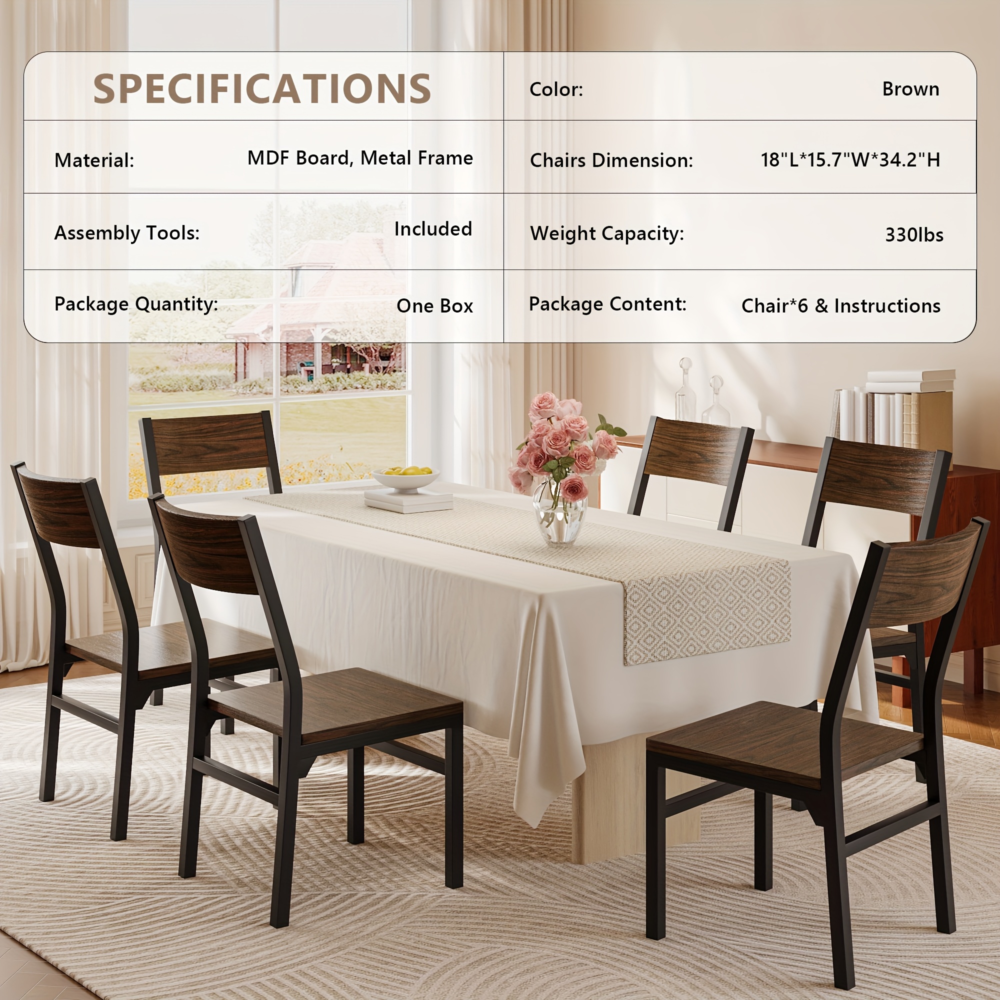 Dining Chairs Set Of 6, Modern Kitchen Chairs With Backrest, MDF Board And Metal Legs, Dinner Chairs For Dining Room, Kitchen And Living Room, Espresso/Black/Rustic Brown/Walnut Optional.