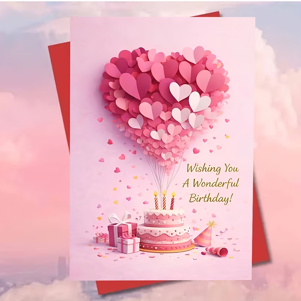TEMU 1pc 2d Beautiful Birthday Card (with Envelope) Featuring Heart-shaped Cake And , Perfect As A Birthday Gift For . A Unique Birthday Card, An