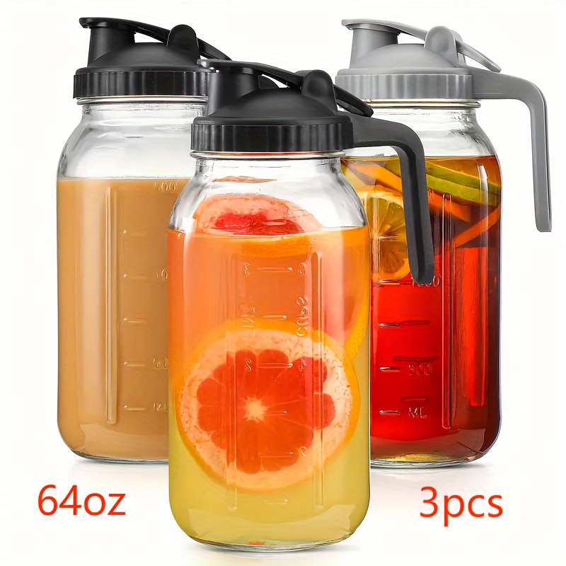 TEMU 3-piece 64oz Glass Pitcher Set With Scale Marks. With Lid And Handle, Suitable For Parties, Outdoor Sports, Home Drinking Water.