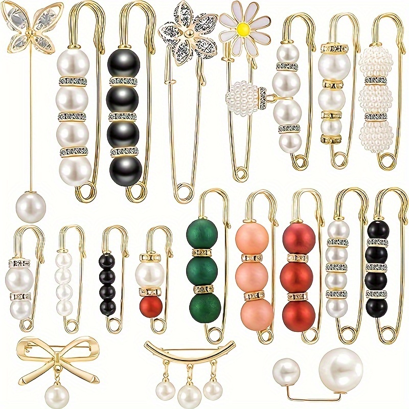

20pcs Metal Brooch Pin Set With Artificial Pearls - Women's Fashion Sweater Shawl Clips, Multipurpose Dress Decoration, Waist Extender Safety Pins For Clothing Accessories