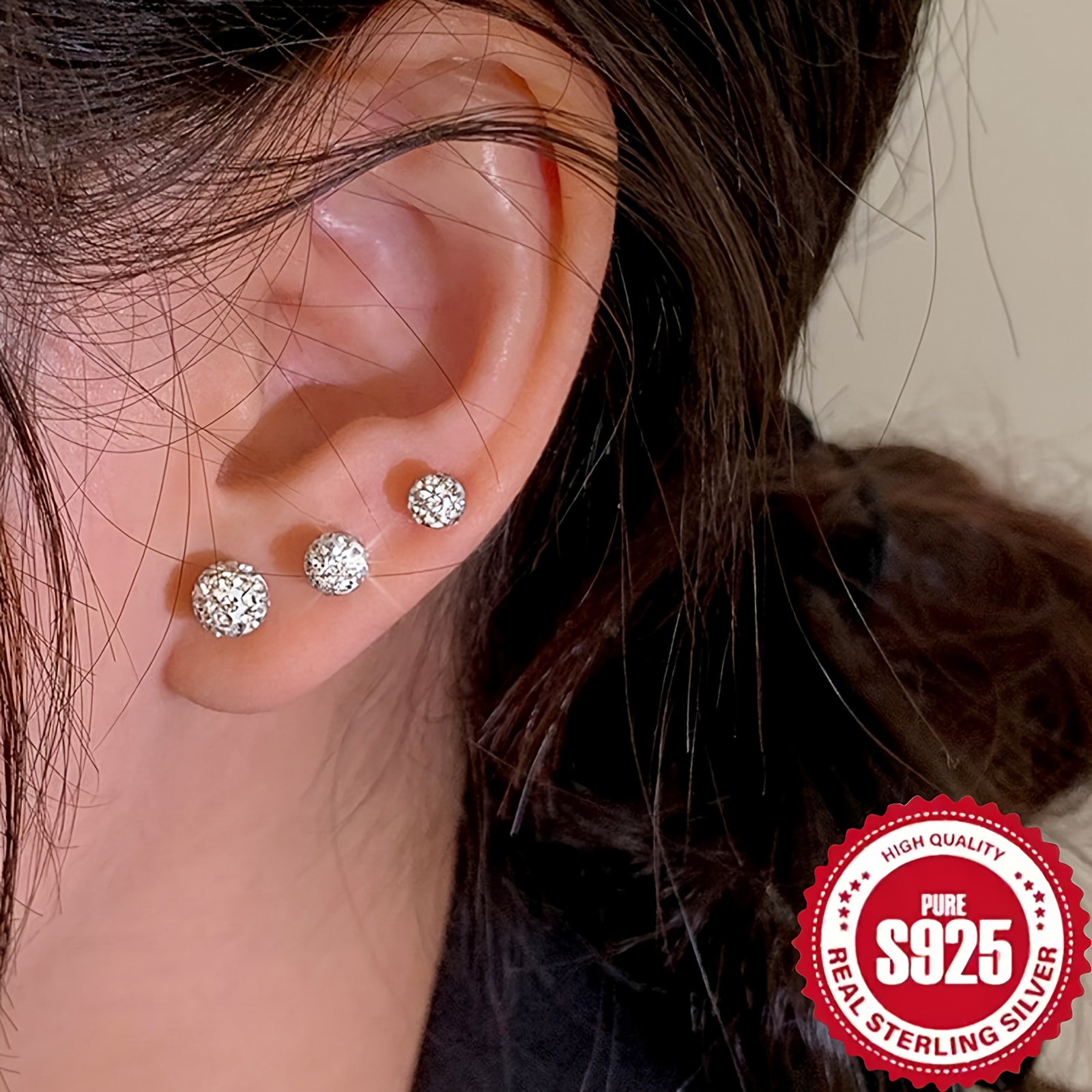 S925 Sterling Silver 5-Pair Matte Round Stud Earrings Set