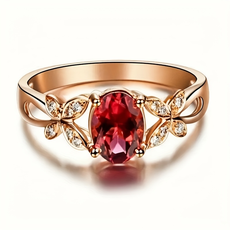 TEMU Elegant 14k Gold-plated Oval Red Cubic Zirconia Engagement Ring - Luxurious Bridal & Party Accessory, High-end Jewelry Gift For , Weddings And Special Occasions