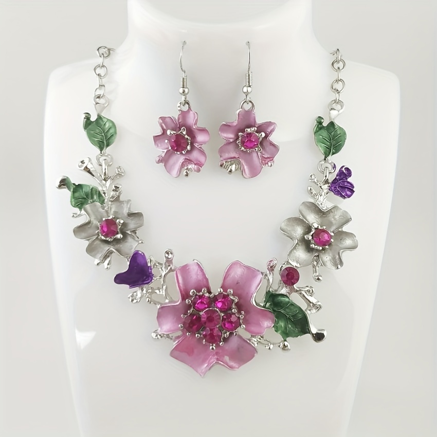 

Elegant Flower With Green Leaves Design Necklace & Drop Earrings Jewelry Set Match Daily Outfits Party Accessories Gift For Female
