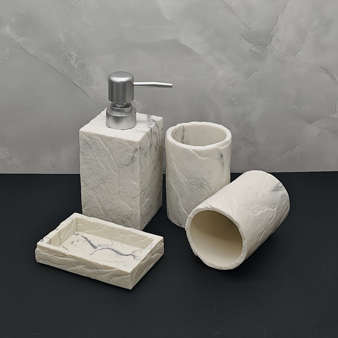 4pcs Vintage Bark Texture Bathroom Set, Includes 1 Hand Soap Dispenser, 2 Mouthwash Cups, and 1 Soap Dish. Suitable for Home, Hotel, and Guesthouse Bathrooms