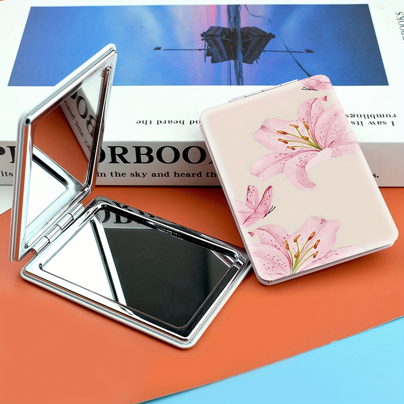 TEMU 1 Portable Makeup Mirror - Double-sided, Foldable, Handheld Design, Elegant Flower Pattern On Blush Background, Perfect Gift For Women, Sisters,