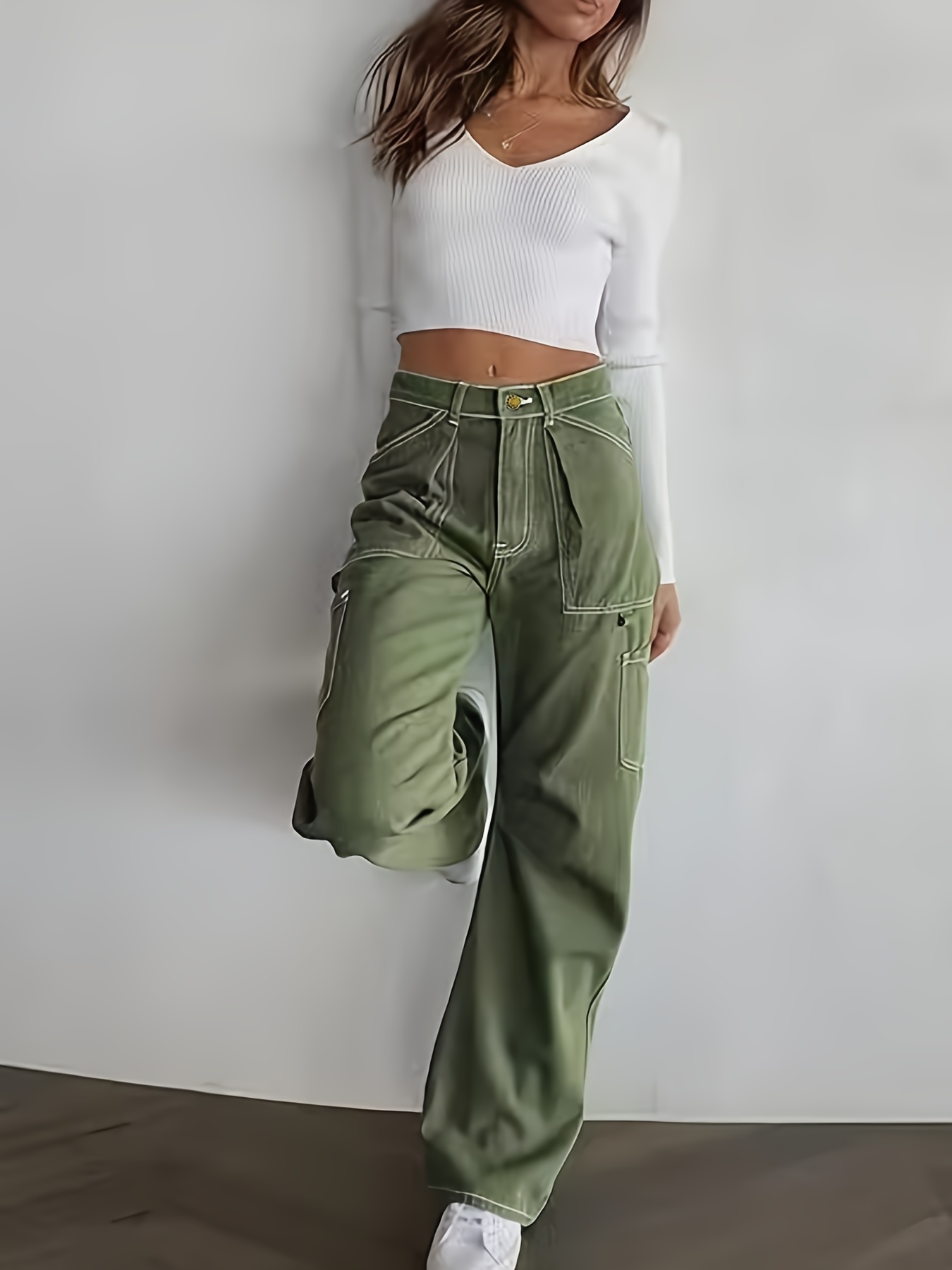 Fashion Jeans Straight Leg Cargo Pants Women High Waist Casual