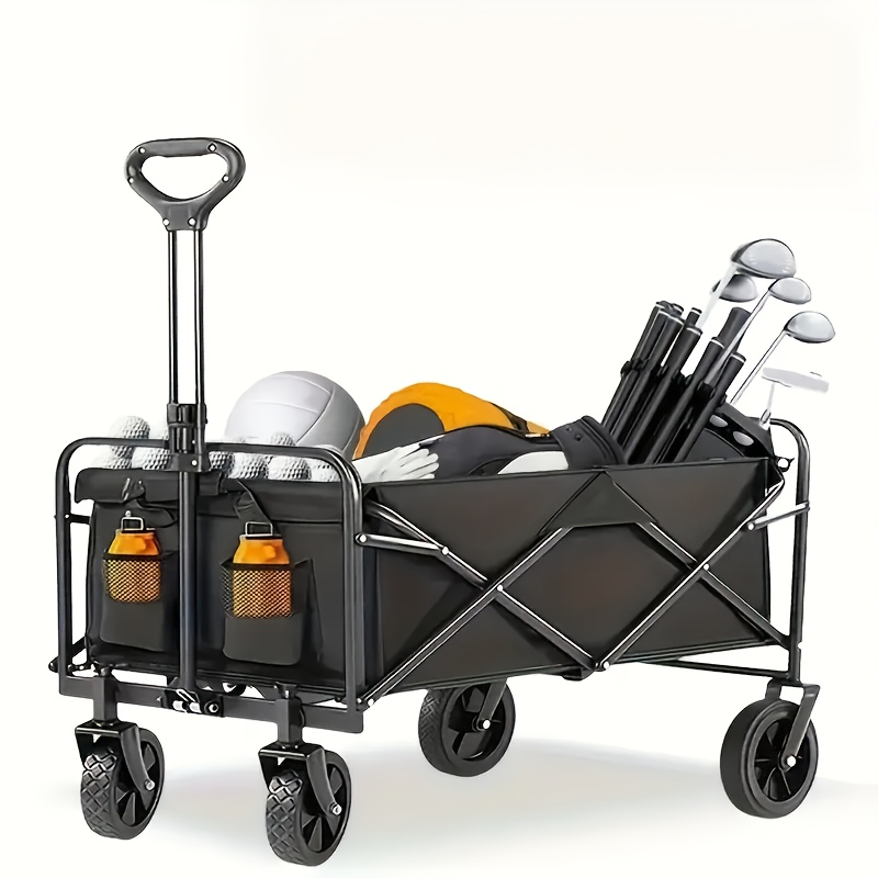 Upgraded 360° All-terrain Heavy-duty Folding Sports Transporter with Adjustable Handle And Cup Holder, Suitable for Gift Packaging for Camping, Beach Travel, Family Picnic, Gardening And Other Scenarios-Wagon Cart