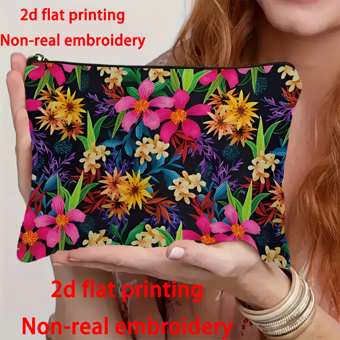 TEMU (2d Flat Non-embroidered) Vibrant Floral Makeup Bag, Portable Polyester Toiletry Pouch With Casual Zipper Design, Perfect Gift For Grandma,