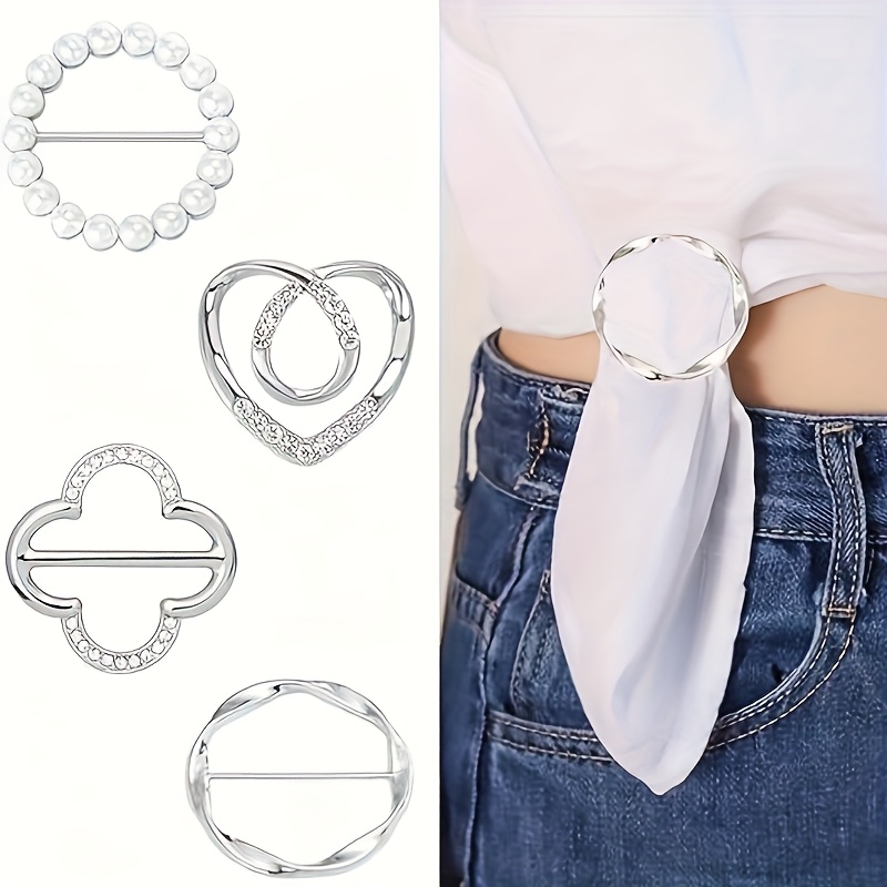 4 Scarf Ring Clips - T-shirt Tie Clip Clothes Corner Knotting Button Women's Fashion Metal Round Shirt Clip