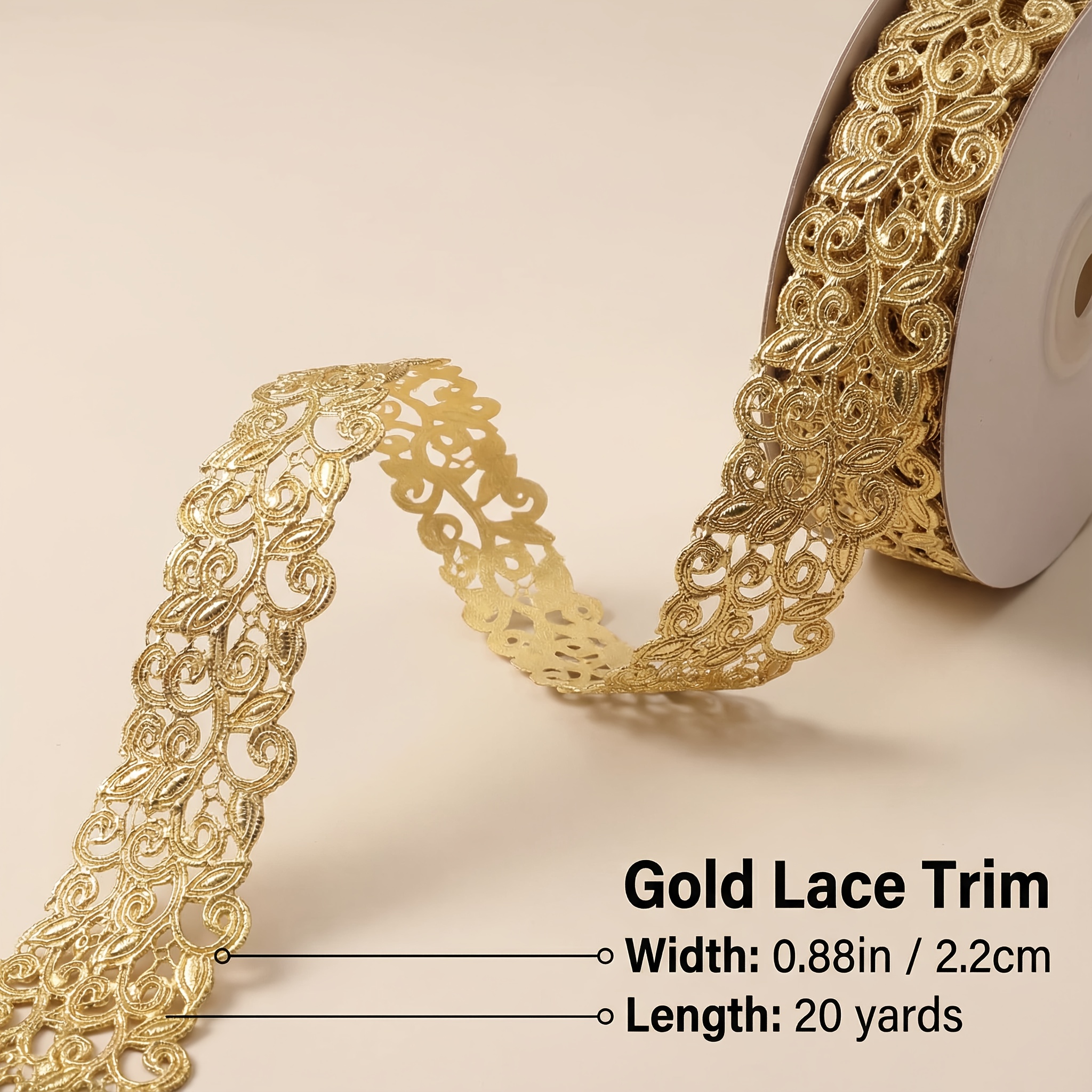 TEMU 1 Roll Golden Embroidered Lace Trim Ribbon - Metallic Golden & Floral Sewing Trim, Cuttable Continuous Roll Suitable For Diy Crafts, Clothing,