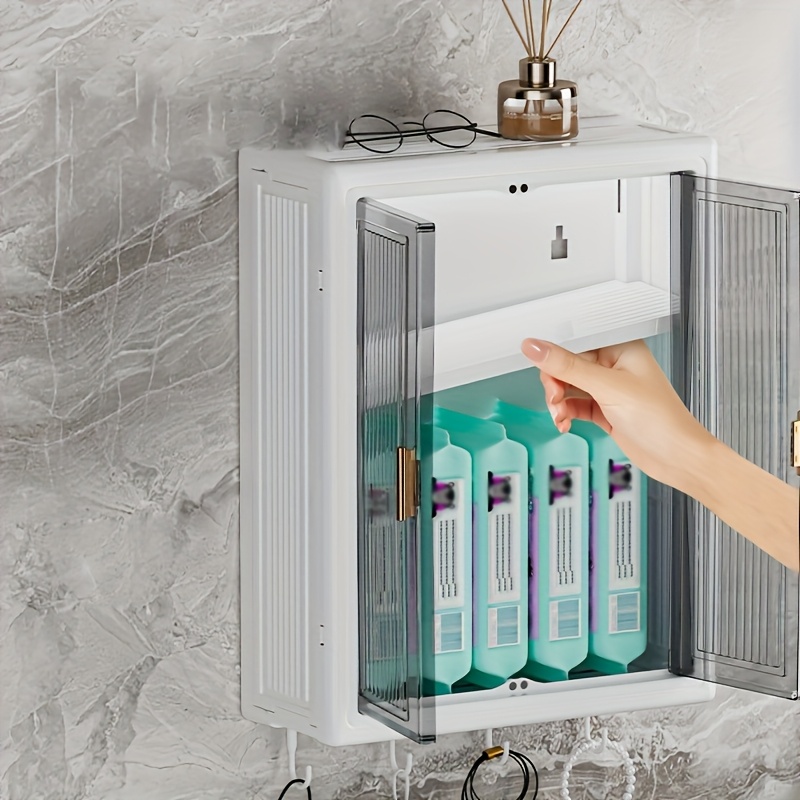 foldable wall mounted storage cabinet no drill plastic organizer with clear doors for bathroom kitchen dustproof waterproof display shelf for cosmetics and essentials spice rack foldable design durable organizer bathroom organizers and storage shelves Product details 6