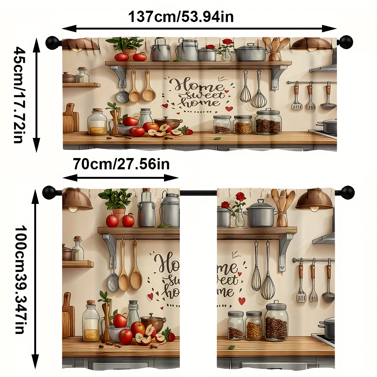 TEMU 2d Flat - 2d Flat - 3pcs 2d Flat Printing Kitchen Curtains, Tableware And Food Pattern Printed Curtain Combination, Layered Pole Bag Decorative