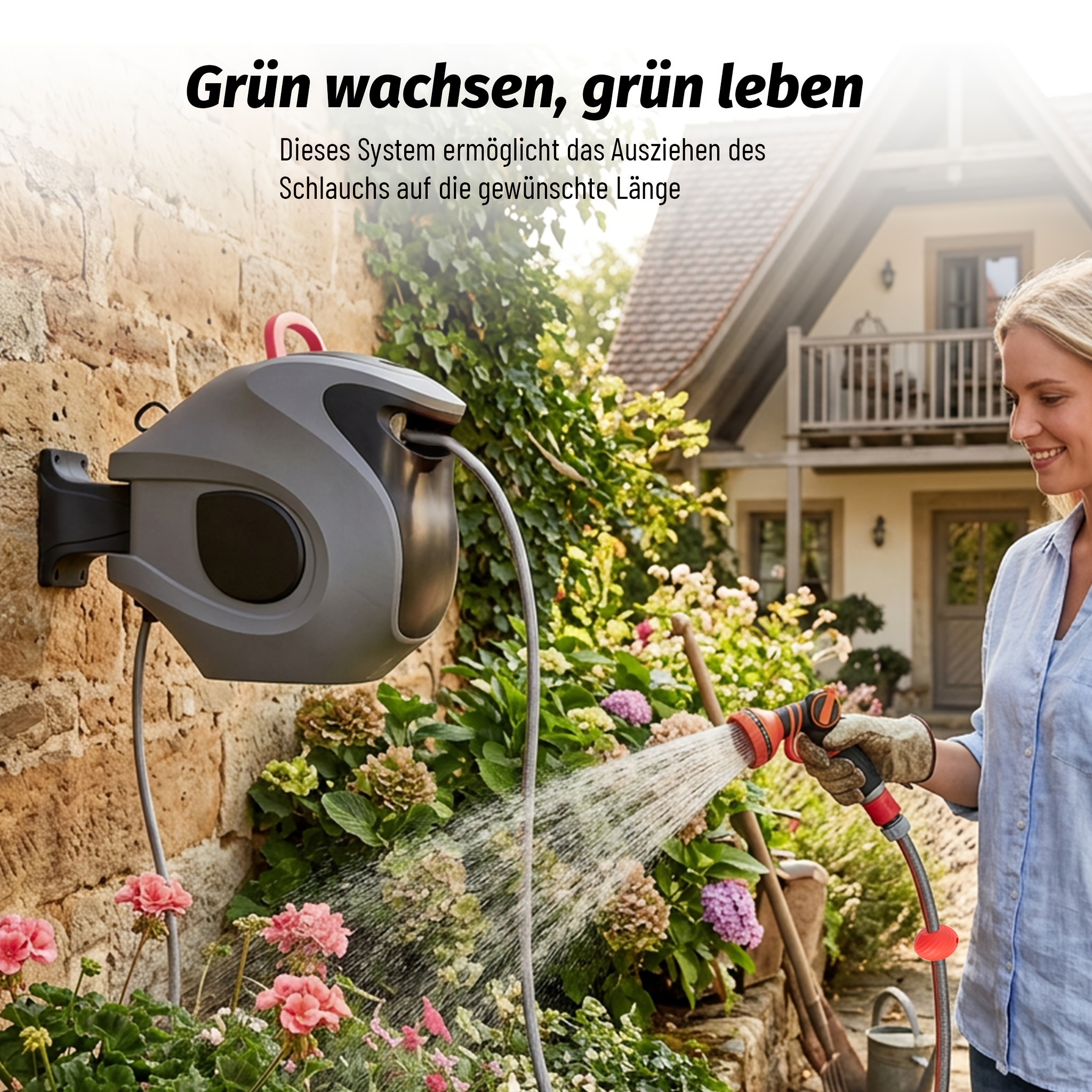 Image of Wall-mounted 30m Automatic Hose Reel With 9-setting Spray Nozzle, Adjustable Lock & 180° Swivel, Uv & Frost Resistant, Complete Hose Set For Outdoor Patio Garden