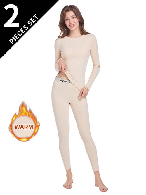 2pcs womens thermal underwear set with round neck top and pants suitable for winter and autumn as a base layer