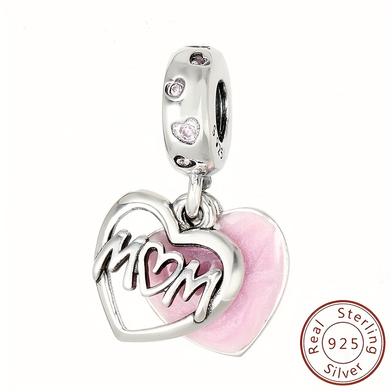 

1 Pc S925 Sterling Silver, Pink Enamel Double Heart Charm With "mom" Letter, For 3.4mm/0.13inch Snake Chain Bracelets & Various Necklaces, Elegant Jewelry Accessory, Mother's Day Gift