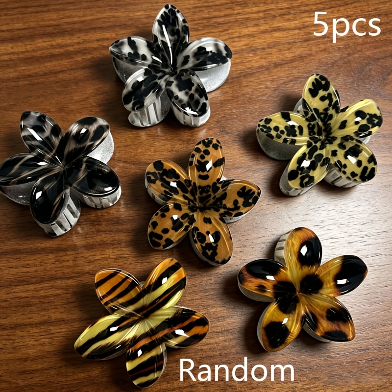 TEMU 5pcs Pinces à Cheveux Aléatoires Imprimé Léopard Fleur Arrière de Pince Requin Femme Coiffure Rétro Noir Pince à Cheveux Épingle à Cheveux Pince