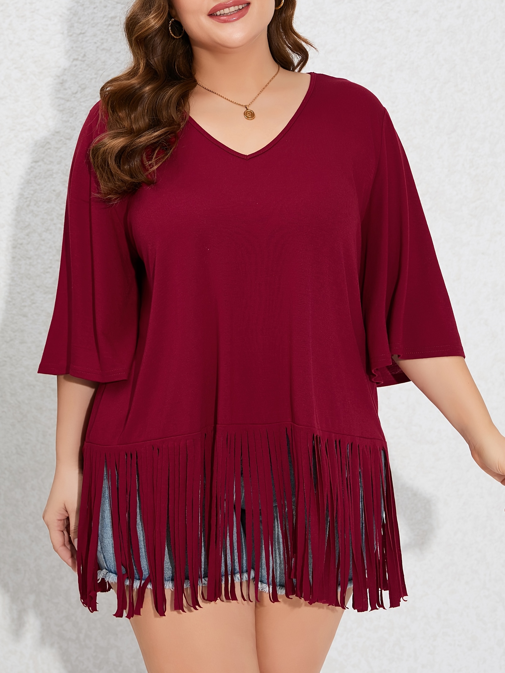 women's plus size fringe hem short sleeve v neck t shirt - Temu