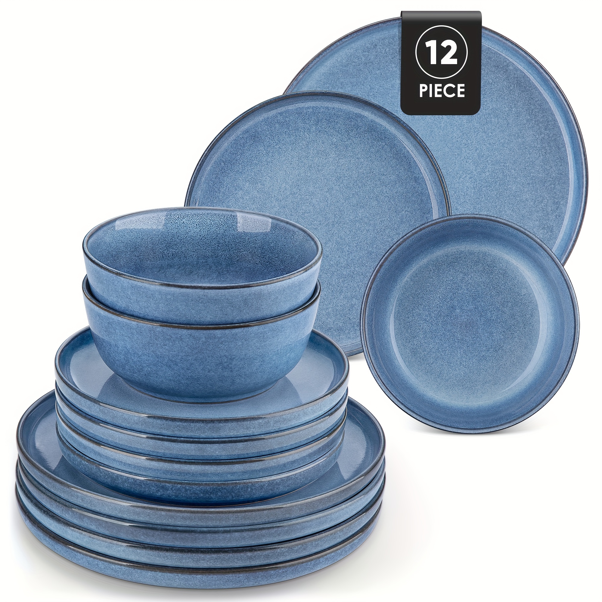 Image of Set Of 12 Stoneware Dinnerware Pieces Featuring Double-sided Kiln Change Plates And Bowls, Including Dinner Plates, Dessert Plates, And Cereal Bowls, Designed To Serve 4 Individuals