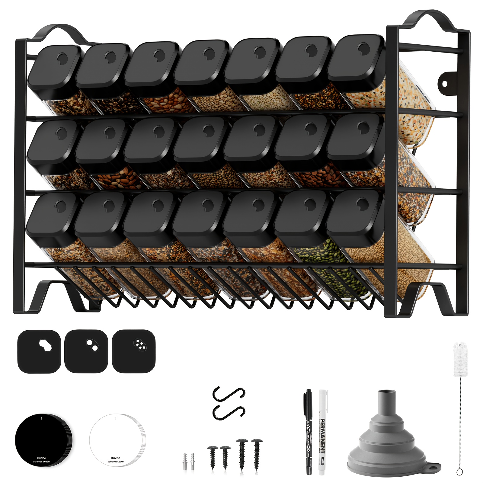 Image of Miorkly 21- Glass Spice Rack With Sliding Shelf & 21 Glass Jars Suitable Countertop Storage, Lids, Labels, Funnel, Brush & Pen Included - Space- Spice System For Pantry, Tabletop, Or Commercial Use