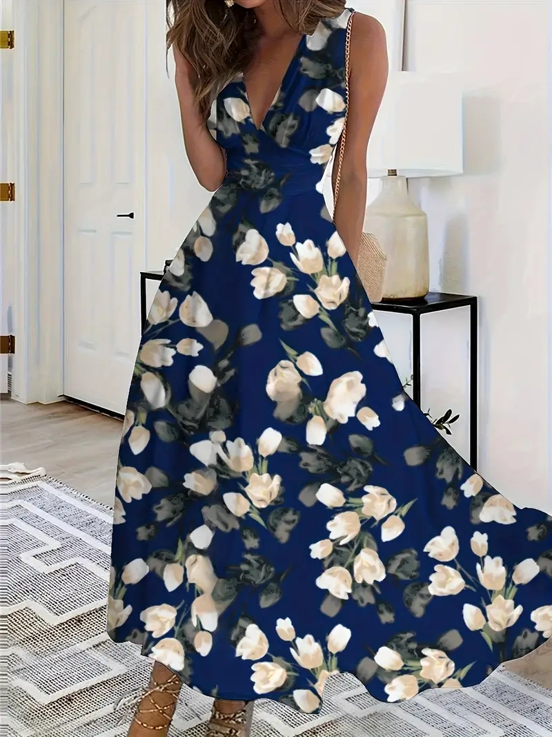 womens elegant v neck sleeveless a line dress floral print semi sheer lightweight fabric breathable versatile for casual to formal occasions attire medium fabric Product details 20