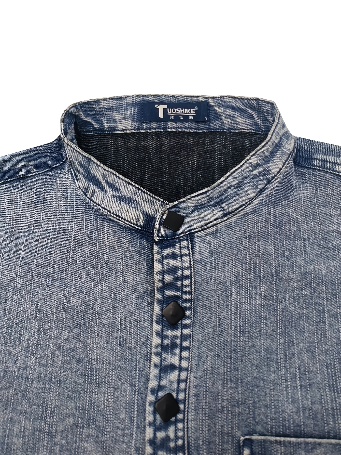 Men'S Novelty Henley Collar Denim Shirt, Heavy Washed Denim, Pocket Workwear Top, Casual Vintage Style