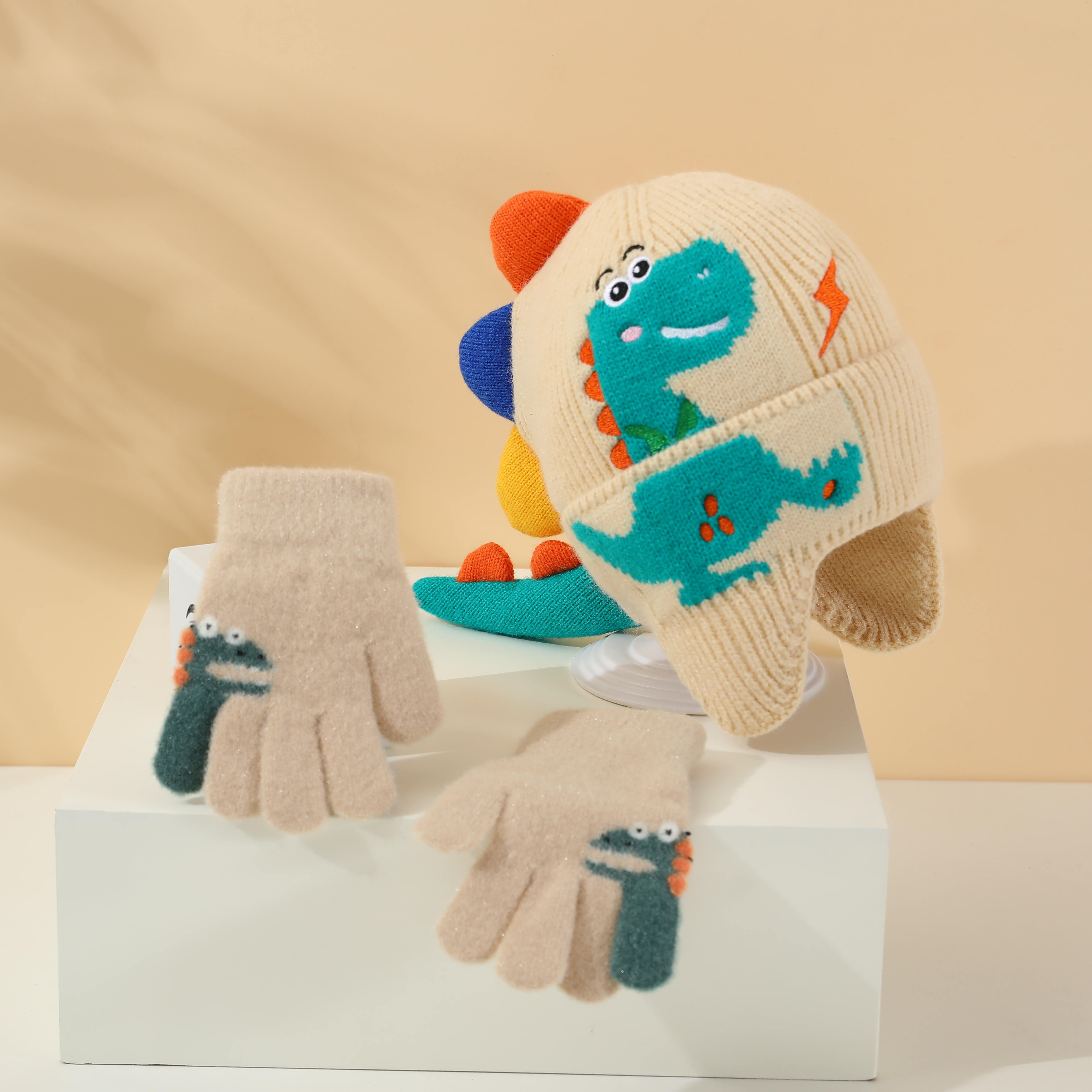 2pcs Hat And Gloves Set, Autumn Winter -lined Thickened Warm Cute Dinosaur Knit Hat With Ear Protection For Boys And Girls, Suitable For Outdoor Skiing And Skating, 3-8, Head 50-54cm