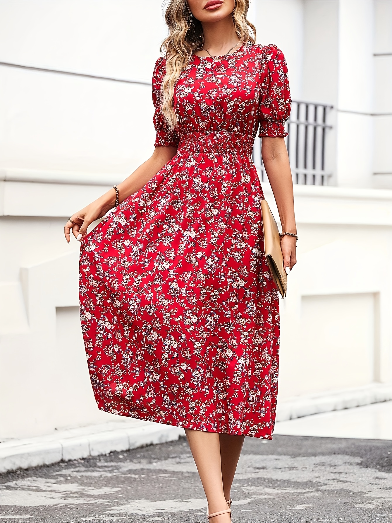 floral print shirred waist dress elegant puff sleeve a line - Temu United  Arab Emirates