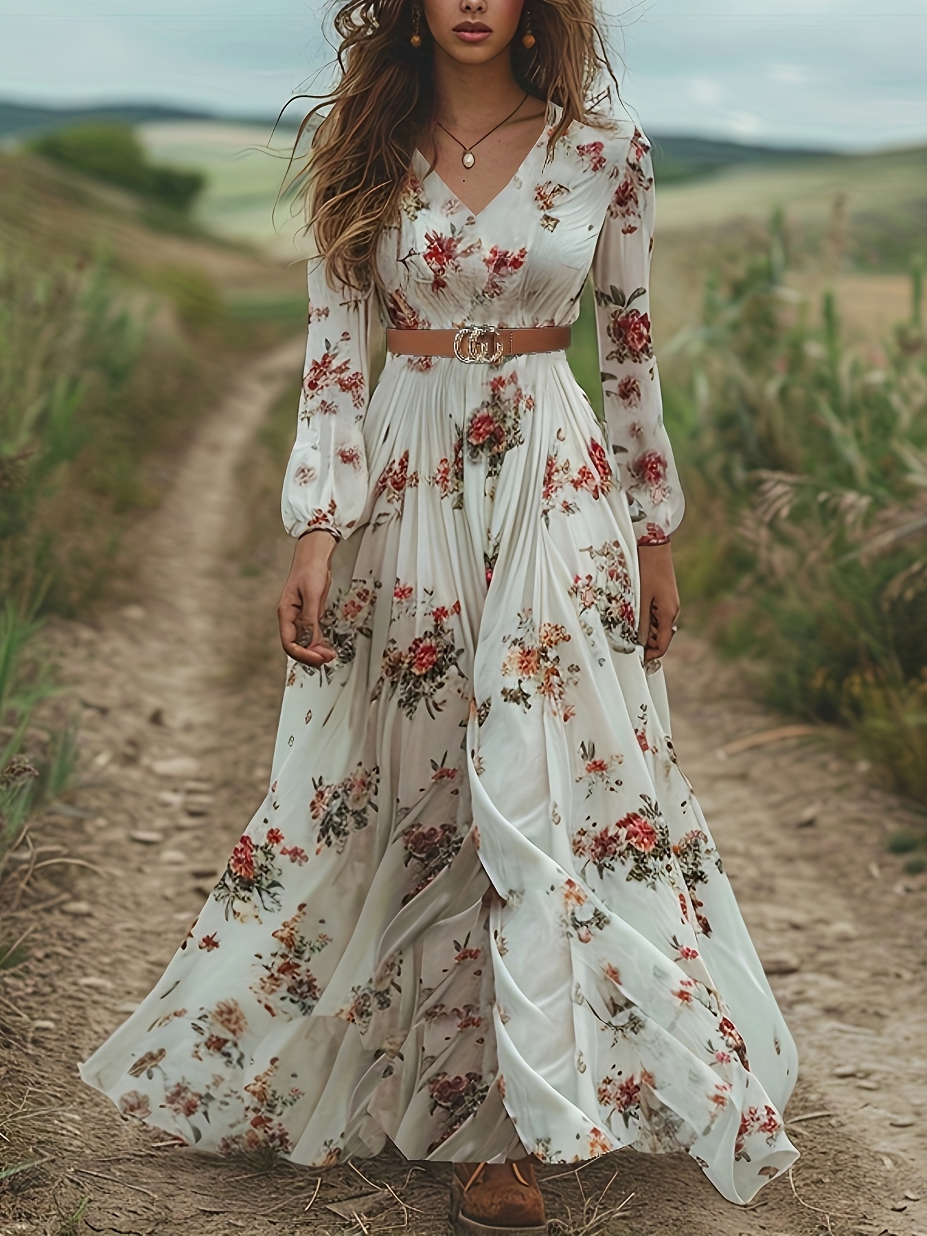 fitted lace wedding dress Floral Long Sleeve Chiffon Maxi Dress main image 1