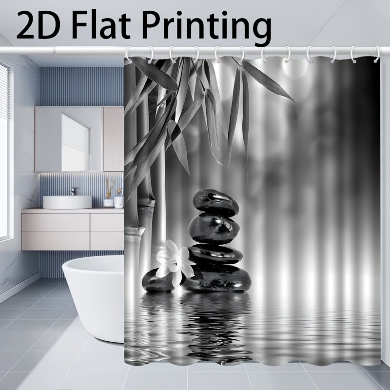 TEMU Jit1pc, Black And White , Stone, Flower Reflection Pattern, Shower Curtain With Hooks, Washable Shower Curtain, Bathroom Shower Partition,