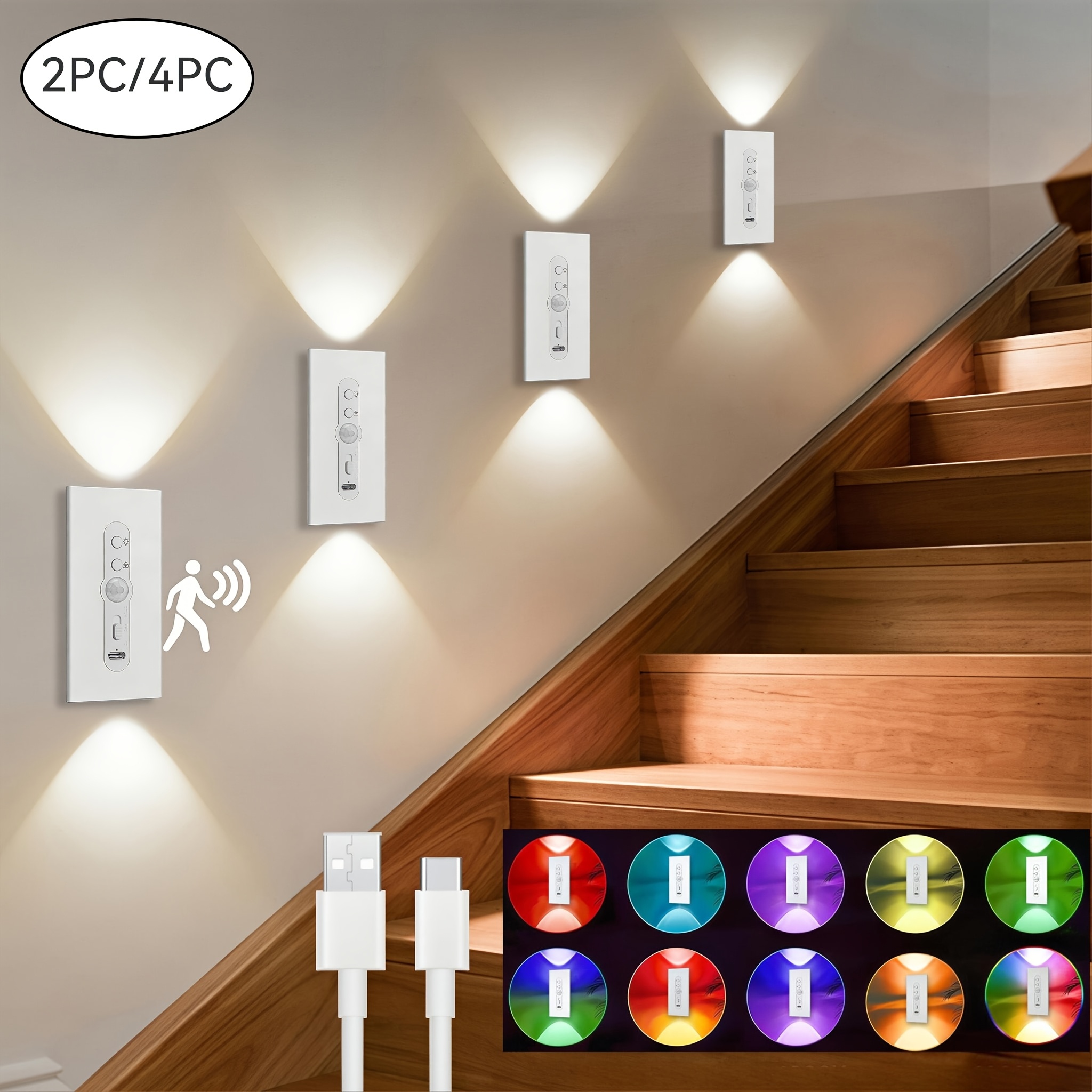 TEMU 7 Color Light Rechargeable Wall Light For Living Room, Human Lights Indoor Lighting Furniture, Sensor Lights Wireless, Dimmable Color Changing