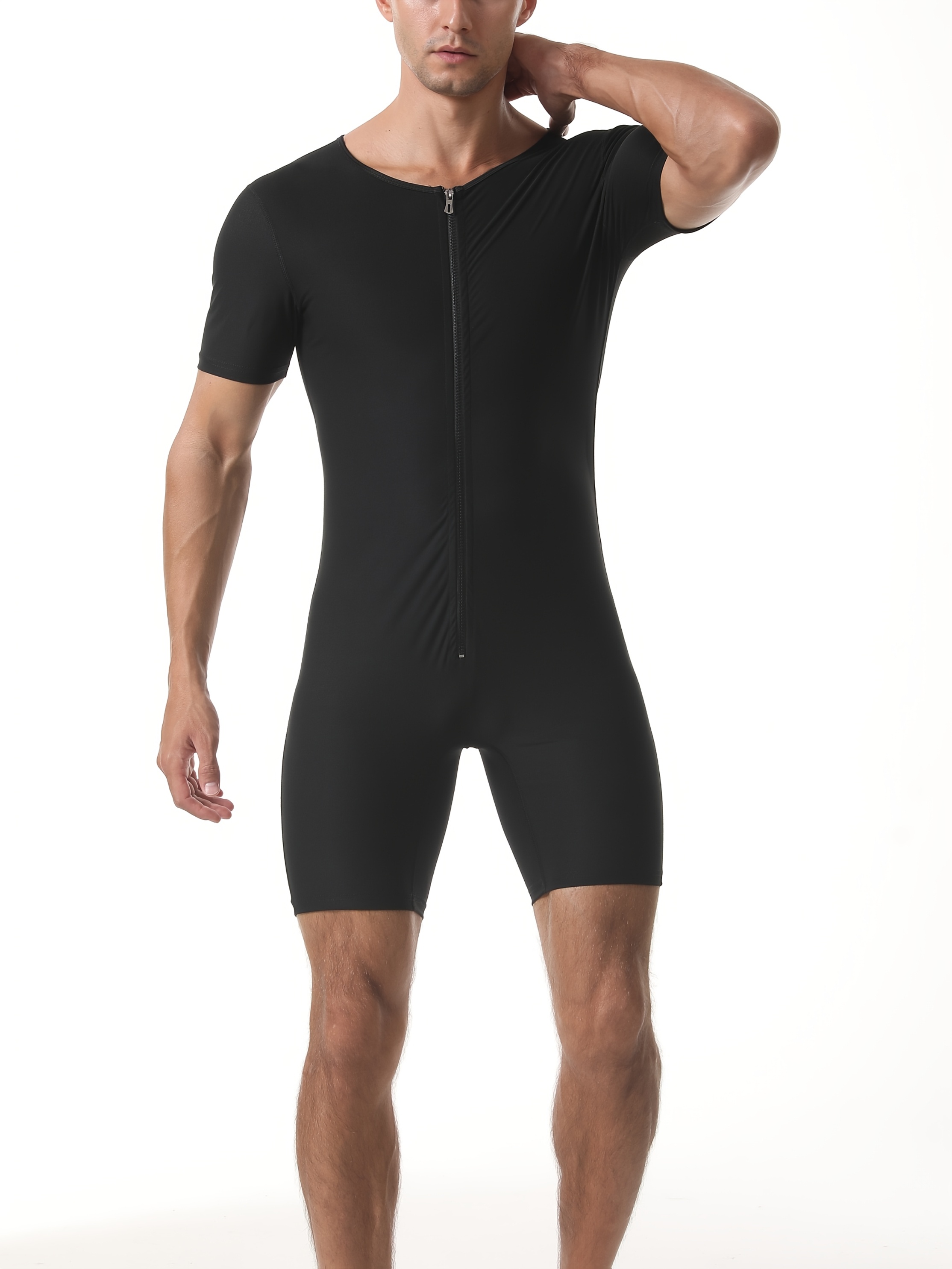 mens high   sports bodysuit breathable moisture wicking workout jumpsuit with zipper closure short sleeve   thigh design for gym running training   apparel sleek sporty look  